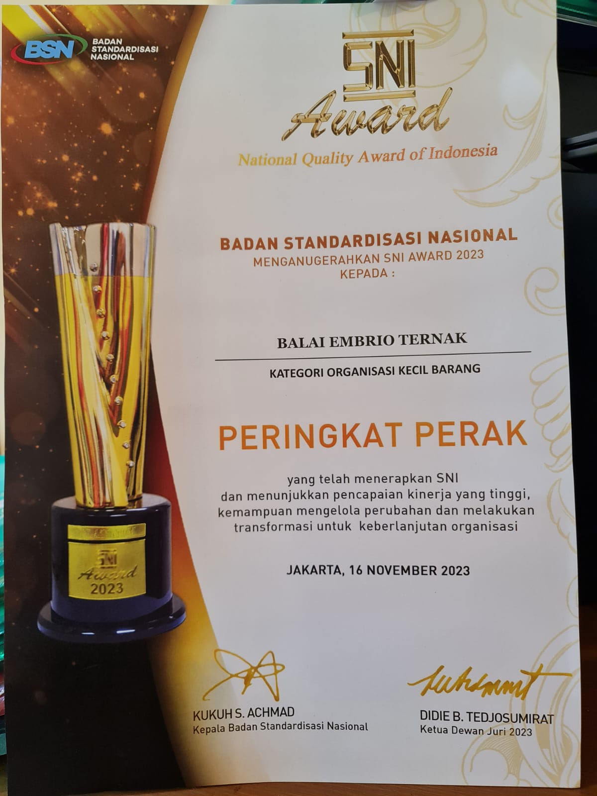 Sertifikat SNI Award 2023